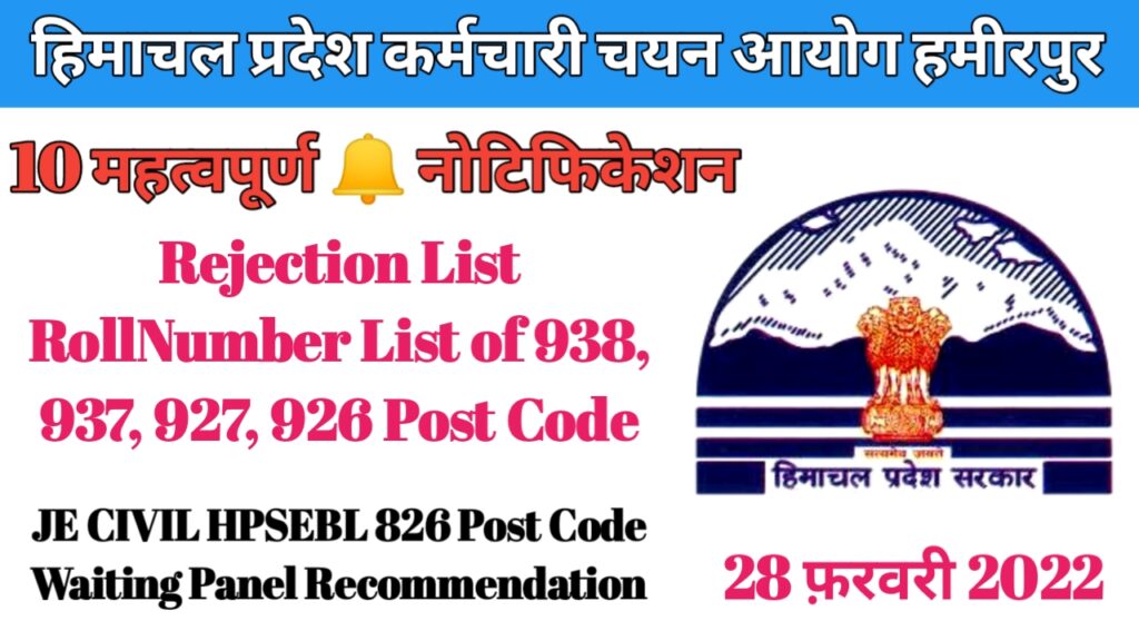 HPSSC Hamirpur Various Post Code Important Notification