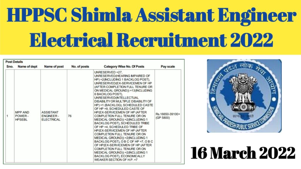 Hppsc shimla assistant engineer Electrical Recruitment 2022 hpsebl 76 Vacancies MPP And Power 