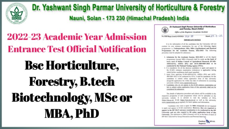 Dr Ys Parmar University of Horticulture and Forestry Nauni Solan 2022-23 Academic year Admission Entrance Test