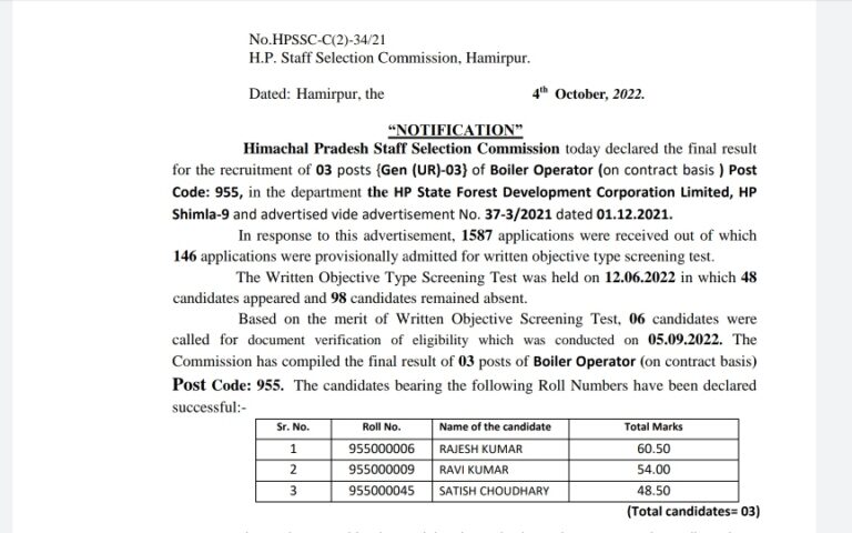 HPSSC Hamirpur 4 October 2022 Important Notifications