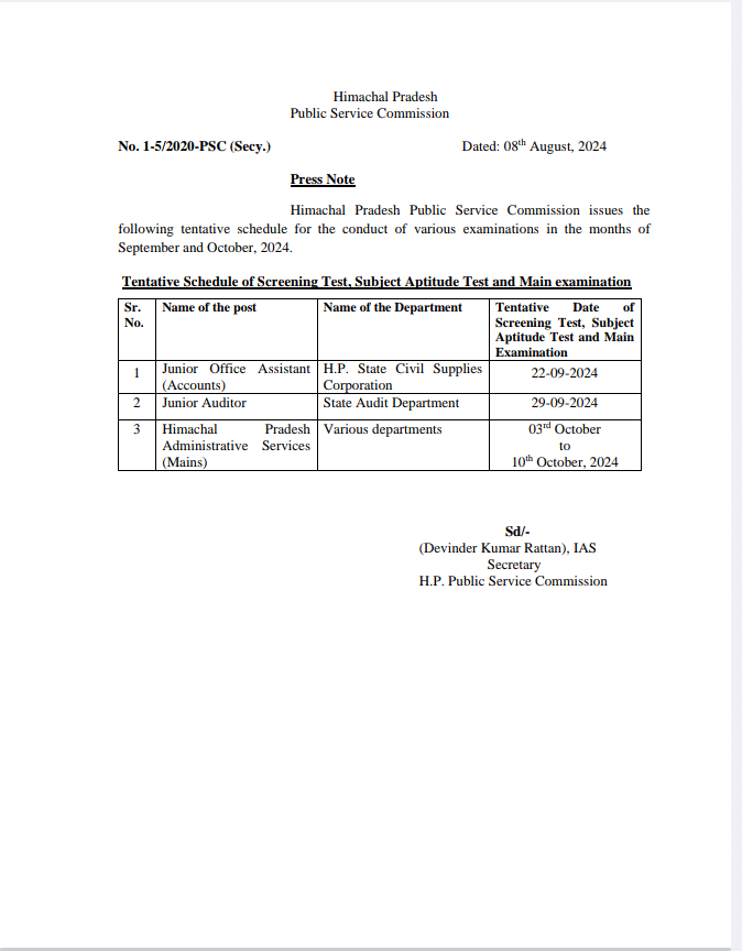 HPPSC Shimla HAS JOA Examination Schedule 2024